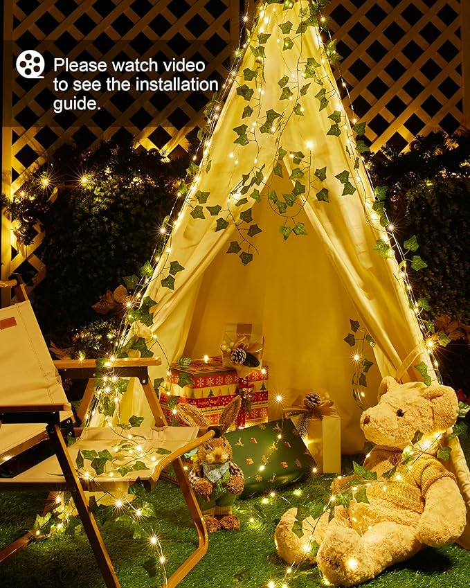 Brightown Solar Fairy Lights Outdoor, 2 Packs Total 66Ft Solar String Lights with Ivy, Plant Vine for Camping Outside Garden Yard Fence Wall Brightown