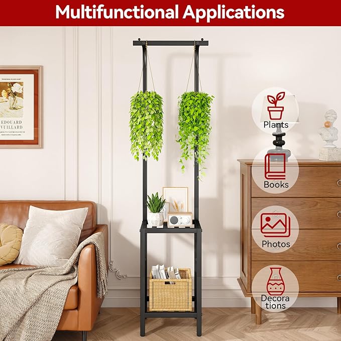IBUYKE 67 Inch Tall Plant Stand Indoor Outdoor, 3 Tier Metal Hanging Plant Shelf for Multiple Plant, Heavy Duty Plant Holder Flower Stand for Living Room Patio Balcony Garden, Black TMJ076B IBUYKE