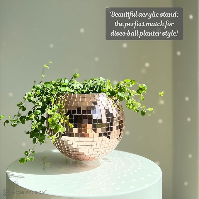 SCANDINORDICA Disco Ball Planter – Value Package: Mirror Disco Planter with Chain, Macrame Hanger and Acrylic Stand for Desk, Includes Self Watering Insert, Plant Gifts | 8 inch Rose Gold SCANDINORDICA