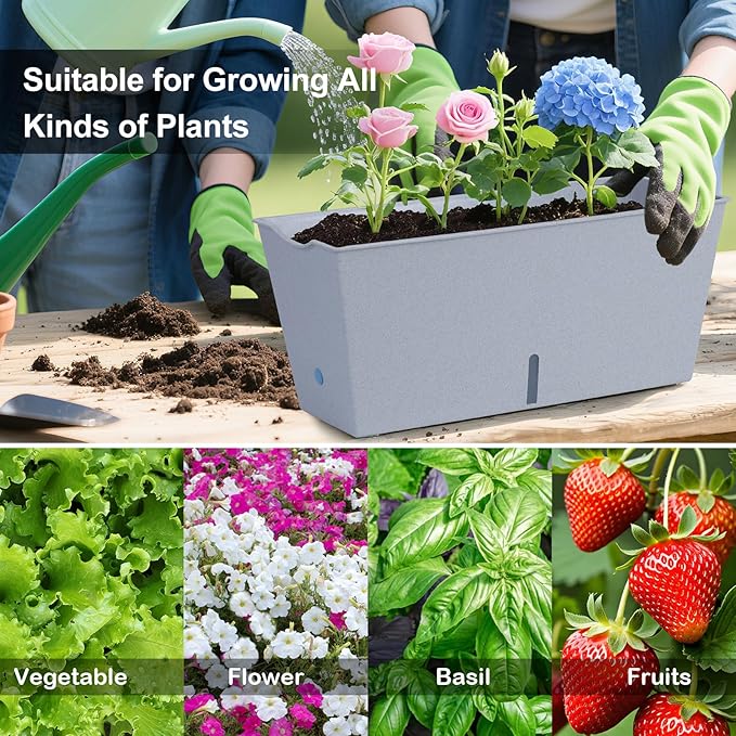 Window Box Planter 6 Pcs, 16.5 Inches Self Watering Rectangle Flower Plant Pots with Drainage Holes Trays, Vegetable Planters for Windowsill Patio Garden Balcony Porch Yard (Grey) Oliz