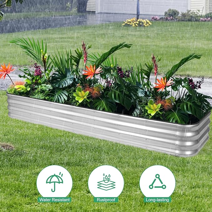 1MORE Raised Garden Bed -8X2X1 Galvanized Planter Box for Outdoor Gardening,5 in 1 Modular Raised Bed Kit with Protective Tape, Gloves for Herb,Ideal for Vegetables and Plants.Sliver-2pack 1MORE