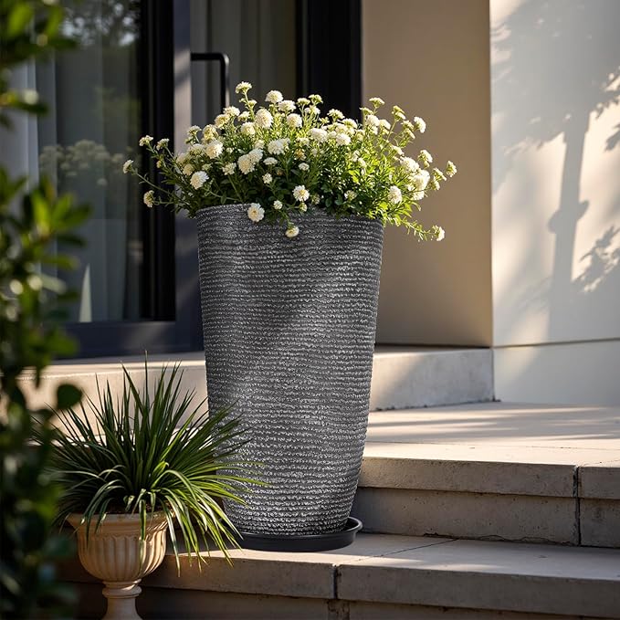 QCQHDU Large Tall Dark Gray Planters Set of 2-9 Gallon 12" Round Outdoor Planters for Front Door & Patio, Faux Stone Indoor Plant Pots with Tray, Porch Decor Plant Containers QCQHDU