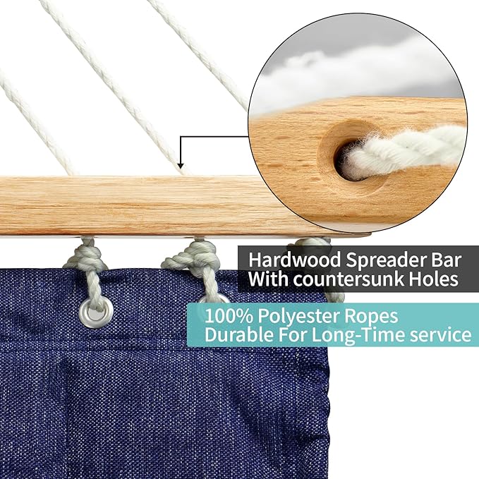 Double Quilted Fabric Hammock with Hardwood Spreader Bars and Pillow 450 LBS Capacity 2 Person Large Hammock for Outdoor Patio Backyard Poolside - Dark Blue CHULIM