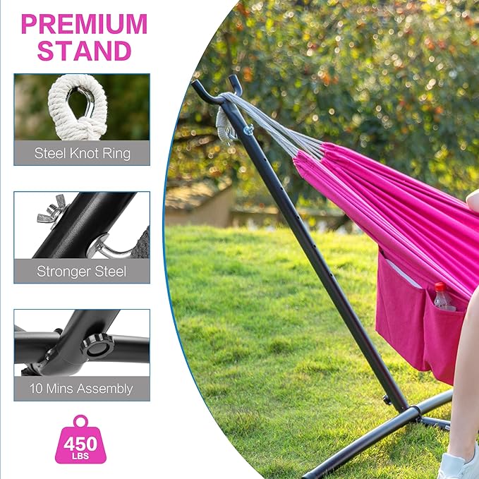 PNAEUT Double Hammocks with Stand for Outside, Portable Space Saving Heavy-Duty Steel Stand for Indoor Outdoor Patio with Carrying Bag, 450 lbs Capacity (Rose Pink) PNAEUT