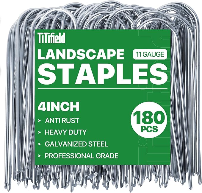 U Shape Garden Stakes 180 Packs 4 Inch 11 Gauge Irrigation Tubing Stakes, Heavy Duty Galvanized Landscape Staples for Tube, Lawns, Landscape Fabrics,Irrigation Hose and Weed Barriers TiTifield