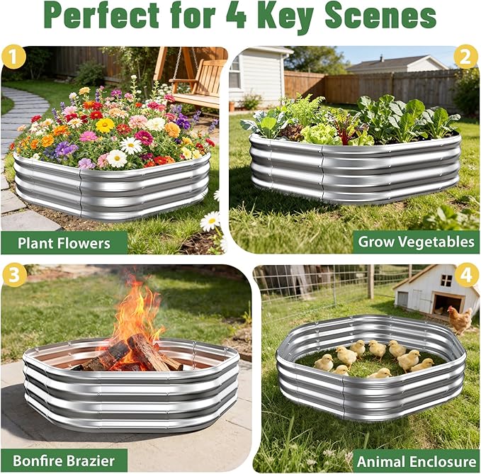 Hexagon Raised Garden Bed, 48 Inch Diagonal & 12 Inch Tall, Galvanized Steel Planter Box with Wave-Shaped Metal Panels for Outdoor Flower,Tree,Herb & Vegetable Garden (Silver, 4FT X 1FT) Rootora
