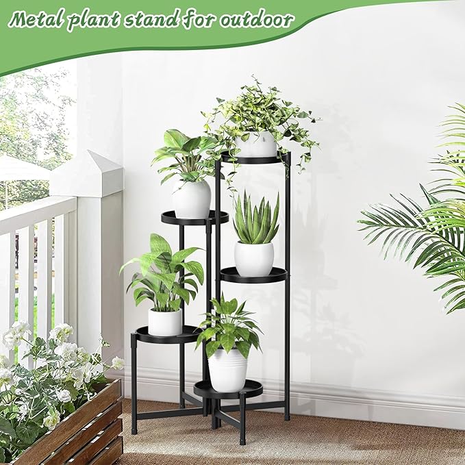MOKANI Metal Plant Stand Indoor Outdoor for Multiple Plants, 5 Tiered Folding Corner Shelf Tall Flower Pot Holder Display Rack for Patio Living Room Balcony Garden, Black Mokani