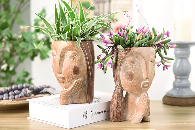 Head Planters for Indoor Plants, Face Flower Pot Head Planter Succulent Planters Unique Face Planter with Drainage Hole - Rustic Thinking Girl Closed Eyes Saysmile