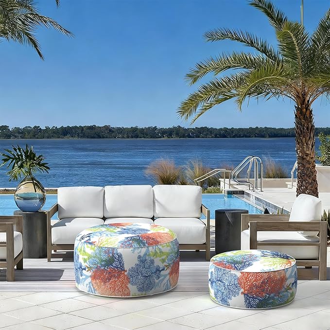 LVTXIII Outdoor Inflatable Footrest Stool, Patio Water Repellent Ottoman with Handle, Portable Round Ottoman Pouf for Garden, Balcony or Home Use, 21x21x9 Inch, Coral Multi LVTXIII
