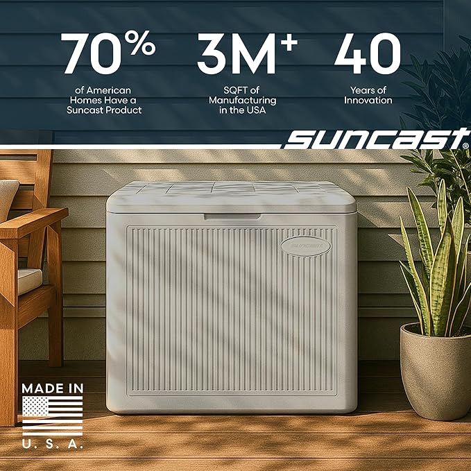 Suncast 22-Gal. Resin Small Outdoor Patio Deck Box with Reeded Design, Modern Outdoor Patio Bench/Storage Box for Cushions, Garden Tools, and More, French Gray Suncast