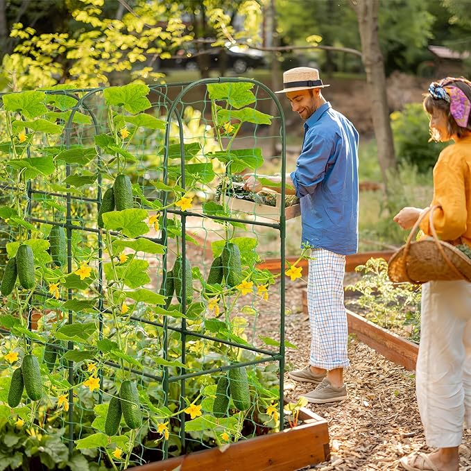 67 x 50 Cucumber Trellis for Raised Bed, U-Shape Metal Large Garden Trellis for Climbing Plants Outdoors with Netting, Garden Tools, Cucumber Arch Trellis for Vegetable Fruit Flower Plant Support Qinzave