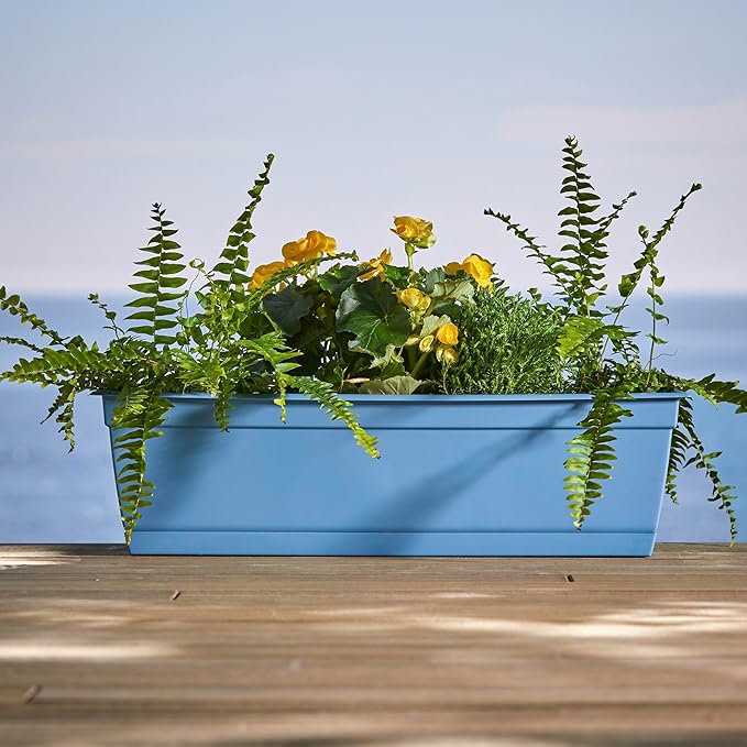 Bloem Dayton 24" Ocean Blue Recycled Plastic Rectangle Window Box Planter with Saucer Tray for Indoor and Outdoor Gardening Bloem