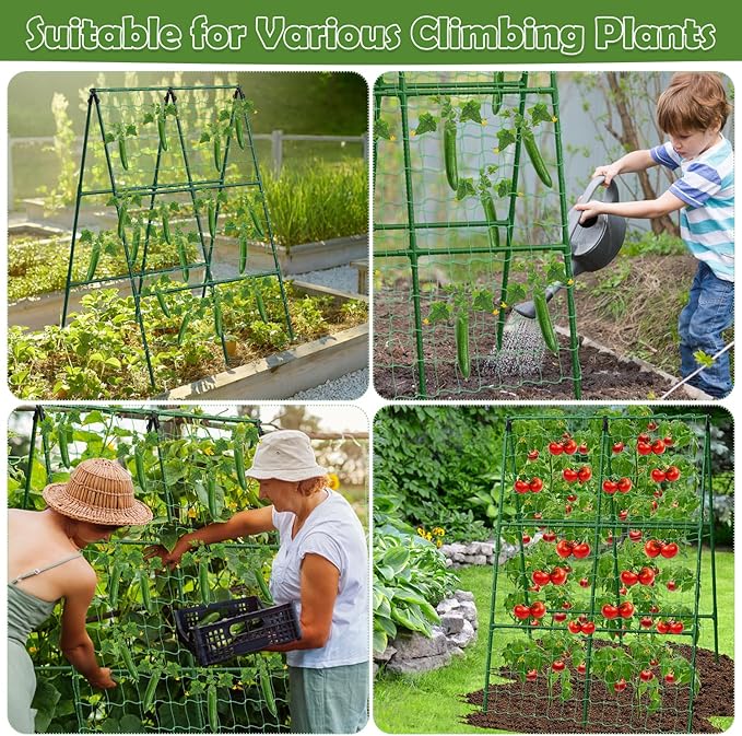 Cucumber Trellis for Raised Beds, 31 X 47 Inch Adjustable Size A-Frame Garden Trellis for Climbing Plant Outdoors with Climbing Net and Plant Support Clip for Vegetable Grape Tomato Garden Supplies LifeisLuck