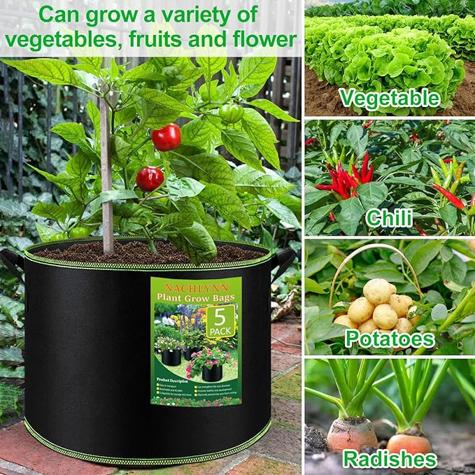 NACHLYNN 5-Pack 5 Gallon Grow Bags Heavy Duty Aeration Fabric Pots with Handles Thickened Nonwoven Fabric Pots Plant or Fruits Flowers Plant for Gardening Createyourownlifestory