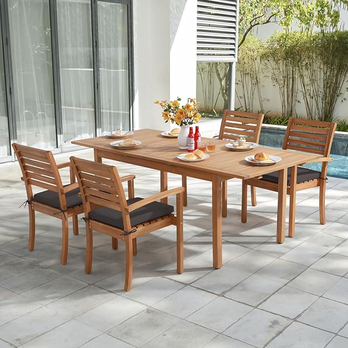OC Orange-Casual Stackable Patio Dining Chairs Set of 4, Outdoor Acacia Wooden Chairs w/Armrest & Removeable Fabric Cushion, for Porch, Backyard, Garden, Indoor, Dark Grey OCOrange-Casual