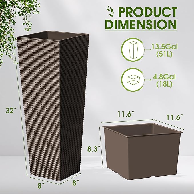 Devoko Resin Tall Planters for Outdoor Plants Set of 2, Large Taper Outdoor Planter Pots with 4 Drainage Holes, Flower Pots Modern Decor for Porch, Patio, Backyard, Home Garden (Brown, 32") DEVOKO
