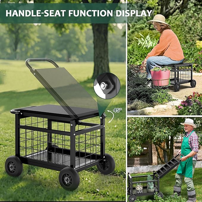 FLINTER Rolling Garden Work Seat with Wheels, Heavy Duty Garden Cart with Seat - Metal Rolling Garden Stool, Upgraded Gardening Cart for Seniors, Outdoor Wagon for Lawn, Patio Gardening, Black FlinterOfficial