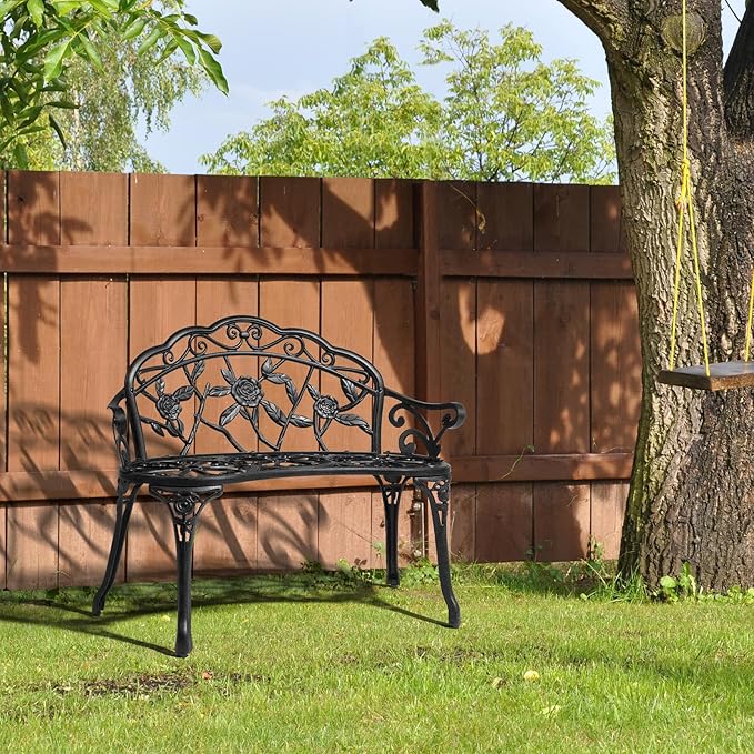 VINGLI 38.5" Patio Park Garden Outdoor Metal Rose Bench, 2-Person Cast Iron Cast Aluminium Frame Antique Finish Chair,Accented Lawn Front Porch Path Yard Decor Deck Furniture (Black, Rose) VINGLI