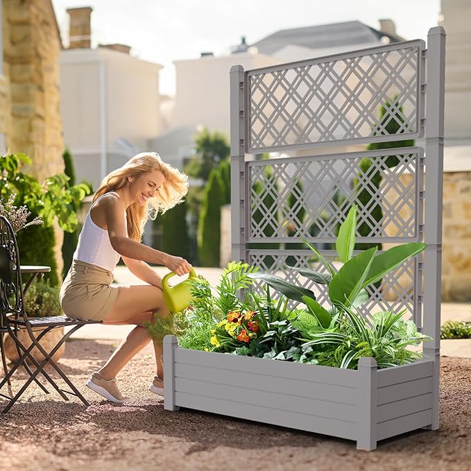EasyUp Raised Garden Bed with Trellis for Climbing Plants, Raised Herb Garden Bed with Drainage Plug & Water Level Gauge, Durable Dust-Proof Resin Planter for Patio, Balcony, Backyard EASYUP