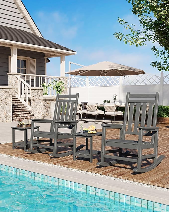 GarveeLife Poly Lumber Rocking Chair Outdoor Set of 4- HDPE High Back Porch Rocker Chairs for Adults - All Weather Resistant Furniture for Patio - Gray GarveeLife