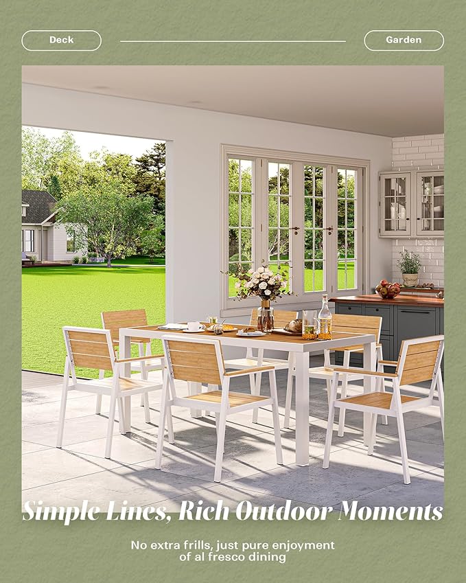 7-Piece Outdoor Dining Set, Aluminum Dining Table Set for 6, Patio Table and Chairs Set with Umbrella Hole, All Weather HDPS Outdoor Table and Chairs for 6 (White-Teak) Vexwalx