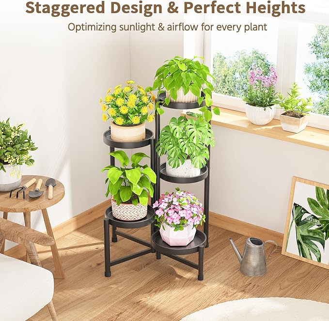 LASZOLA 5 Tiered Folding Tall Plant Stand Indoor for Multiple Large Planter, Heavy Duty Metal Adjustable Flower Rack for Narrow Corner, Sturdy Vertical Spiral Shelving Holder for Modern House, Black LASZOLA
