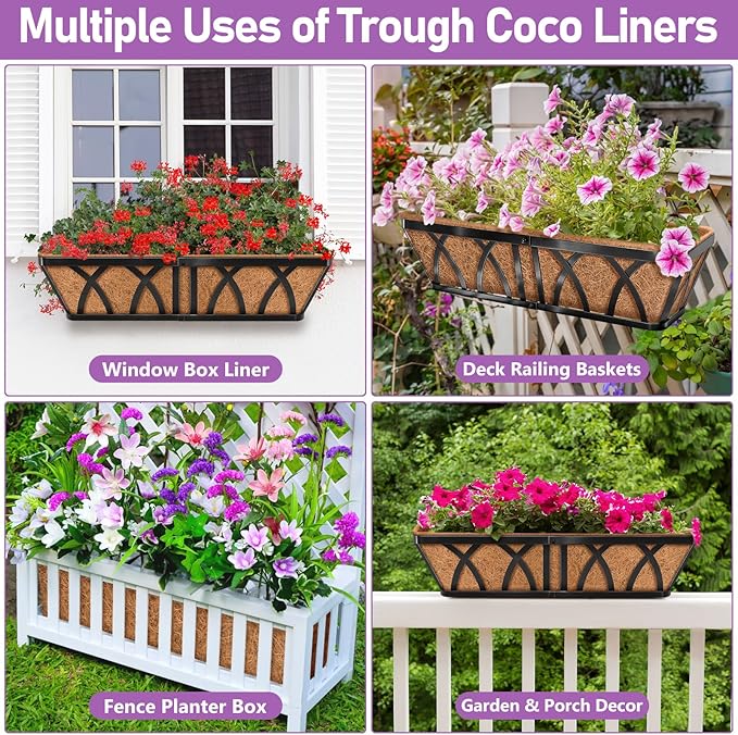 Riare 4 Pack 30 Inch Rectangle Coconut Liners for Planters, Natural Coconut Fiber Planter Liners, Window Box Liner Trough Coco Liner for Outdoor Flower, Garden Wall, Deck & Fence Planter Boxes Riare