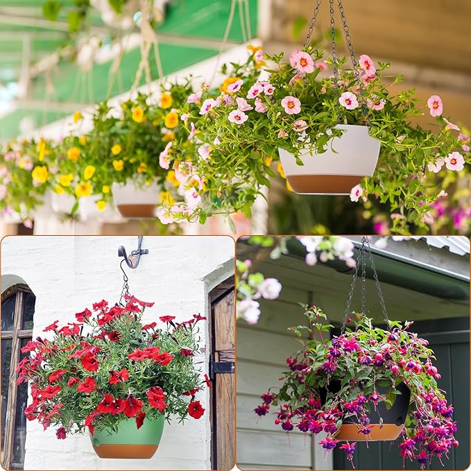 Mumufy 6 Pcs 8 Inch Hanging Planter for Indoor and Outdoor Plants Plastic Hanging Flower Pots with Drainage Hole and Removable Saucer Hanging Plant Holder Plant Hanging Basket (Mixed Colors) Mumufy