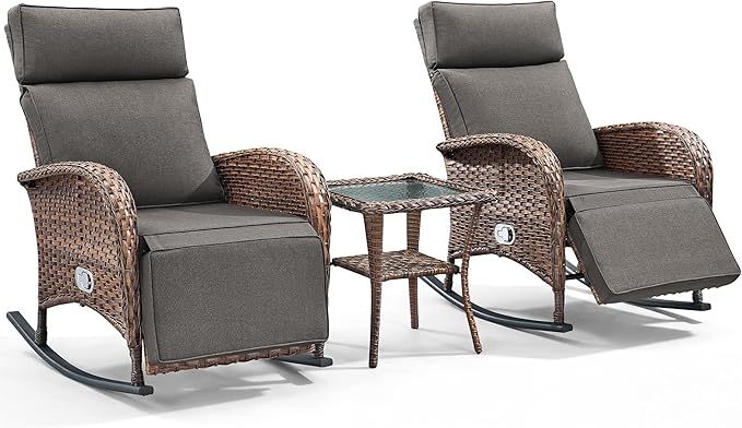 3 Pieces Zero Gravity Wicker Patio Rocking Recliner Chairs Set of 2 - Wicker Outdoor Lounge Chair with Side Table, Adjustable Backrest & Footrest, High Back Outdoor Recliner Chair for Pool Deck Gray JelwalyPatioFurnitureSet
