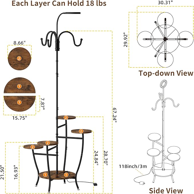 Plant Stand Indoor with Grow Light - 72" Tall Plant Shelf Indoor, 5 Tiered Corner Plant Stands for Indoor Plants, Hanging Plant Holder Flower Display Holders for Living Room, Balcony Decor BACEKOLL