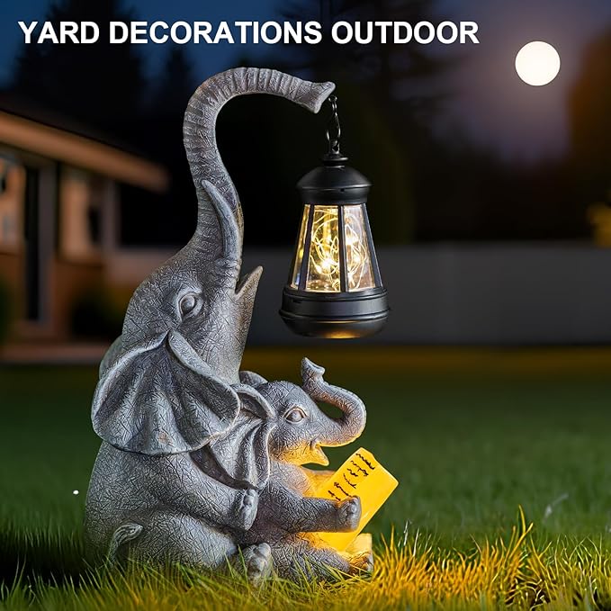 Solar Garden Statue Lights Loving Elephants Figurine with Solar Lantern, Outdoor Yard Decorations for Patio Porch Home, Housewarming Elephant Gifts for Mom, Women Candieslife