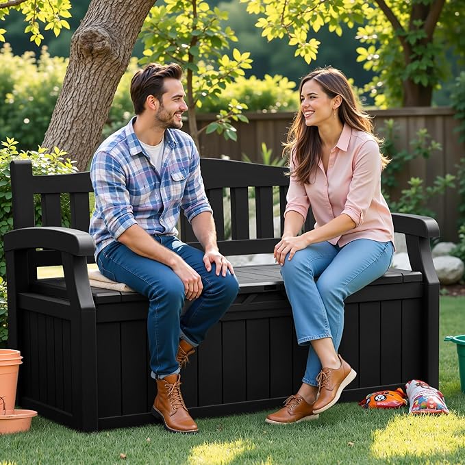 Flamaker 80 Gallon Storage Bench Outdoor Indoor, Durable All-Weather Seating with Hidden Storage, Lockable Deck Box for Garden, Patio, Poolside (Black) Flamaker