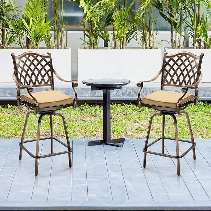 VINGLI Outdoor Swivel Bar Stools Set of 2, Cast Aluminum All-Weather Patio Bar Height Chairs, Patio Bar Dining Chairs Outdoor Swivel Patio Furniture (Grid Back) VINGLI