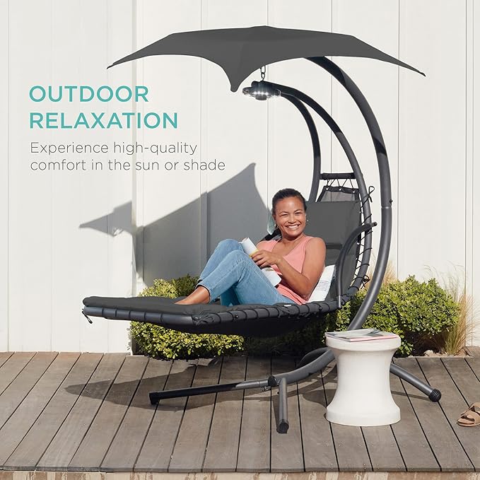 Best Choice Products Outdoor Hanging Curved Steel Chaise Lounge Chair Swing w/Built-in Pillow and Removable Canopy - Charcoal Gray BestChoiceProducts