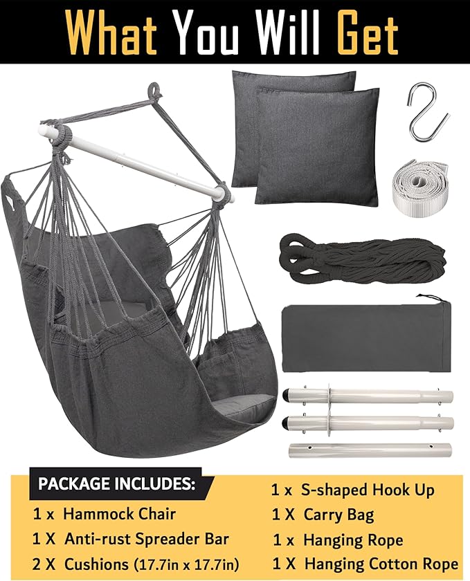 MIZTLI Hammock Chair Hanging Chair Swing Chair Hanging Chair for Bedroom Indoor Outdoor- Max 500 Lbs-Steel Spreader Bar with Anti-Slip Rings, 2 Cushions MIZTLI