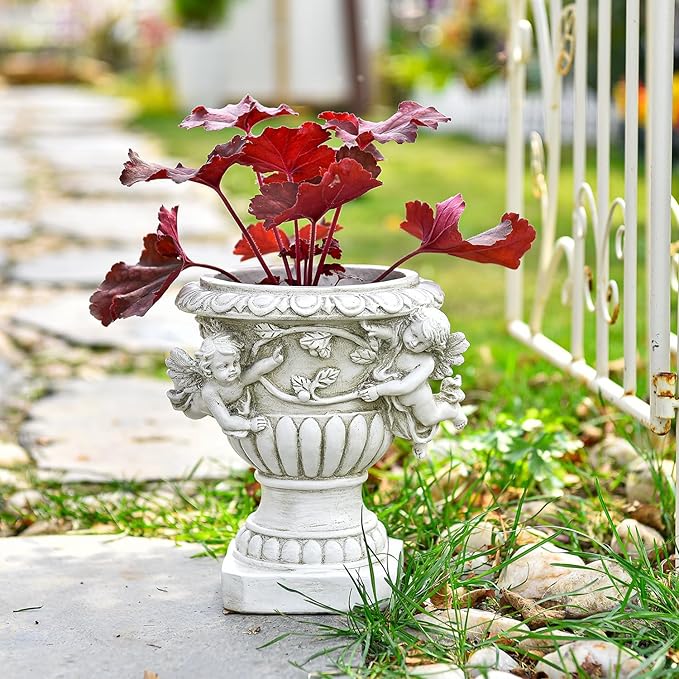 Sungmor Garden Cherub Urn Planter, Lovely Resin Angel Statue Flower Pots, Vintage European Style Planter, Rustic White Whimsy Fairy Decorative Plant Pot, Beautiful Pot for Indoor Outdoor Flowers Sungmor