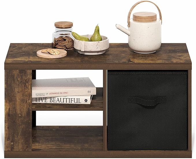 Furinno Viola Coffee Table, 3-Tier Modern Coffee Table with 1.2 Thick Tabletop, Side Table with Open Shelf and Storage Bin, for Living Room, Bedroom, Home Office, Amber Pine Furinno-FitsYourSpaceFitsYourBudget
