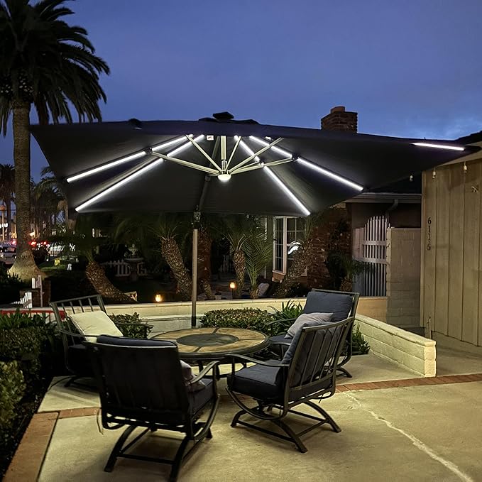 PURPLE LEAF 10 Feet Patio Umbrella with Base Outdoor Cantilever Solar Powered LED Square Umbrella Aluminum Offset Umbrella with 360-degree Rotation for Garden Deck Pool Patio, Grey PURPLELEAF