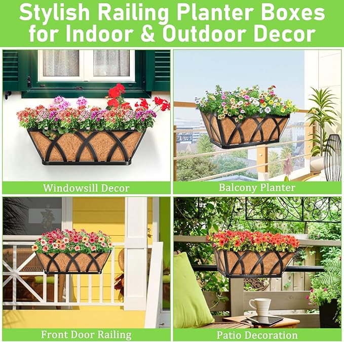 Riare 2 Pack 16 Inch Metal Railing Planter Window Box with Coco Liner- Adjustable Window Flower Boxes for Railings, Hanging Rail Planters for Deck, Balcony, Porch, Fence, Indoor Outdoor Plants Riare