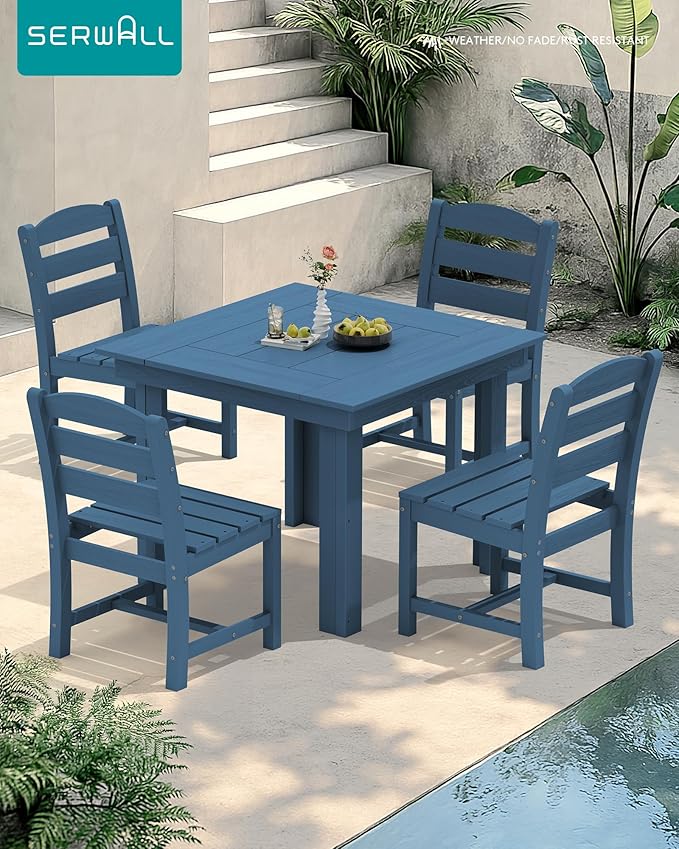 SERWALL Outdoor Dining Set for 4, HDPE Square Table and Chairs Set All Weather Patio Dining Set with 4 Armless Chairs for Patio, Blue SERWALL
