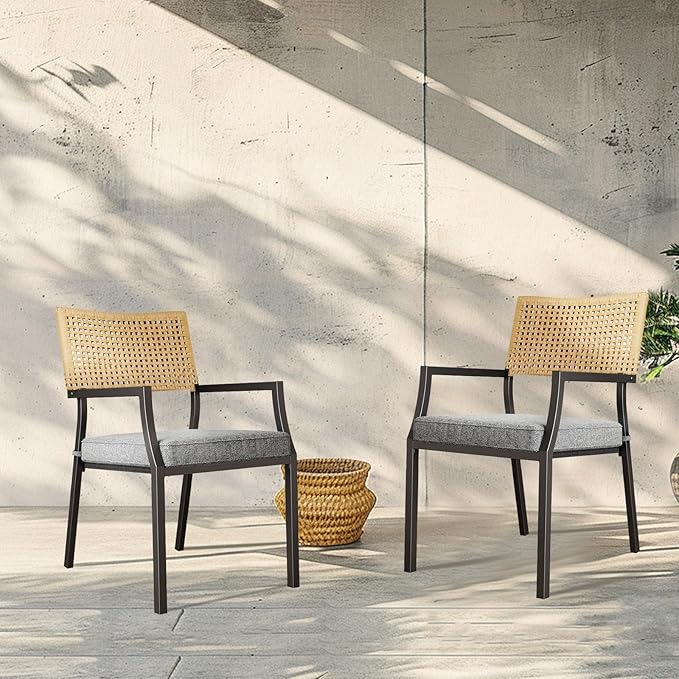 Grand Patio Outdoor Dining Chair Set of 2, 2-Piece Stackable Wicker Chairs with Cushions and Armrest for Restaurant, Garden, Porch, Lawn and Poolside GrandPatio