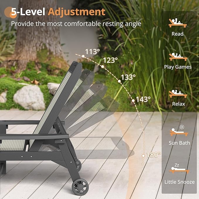 LUE BONA Chaise Lounge Chair Outdoor Set of 4, HDPS and HDPE Wicker Material, Patio Lounge Chair with Adjustable Backrest, Resin Pool Lounge Chairs with Wheels for Backyard, Poolside and Deck LUEBONA