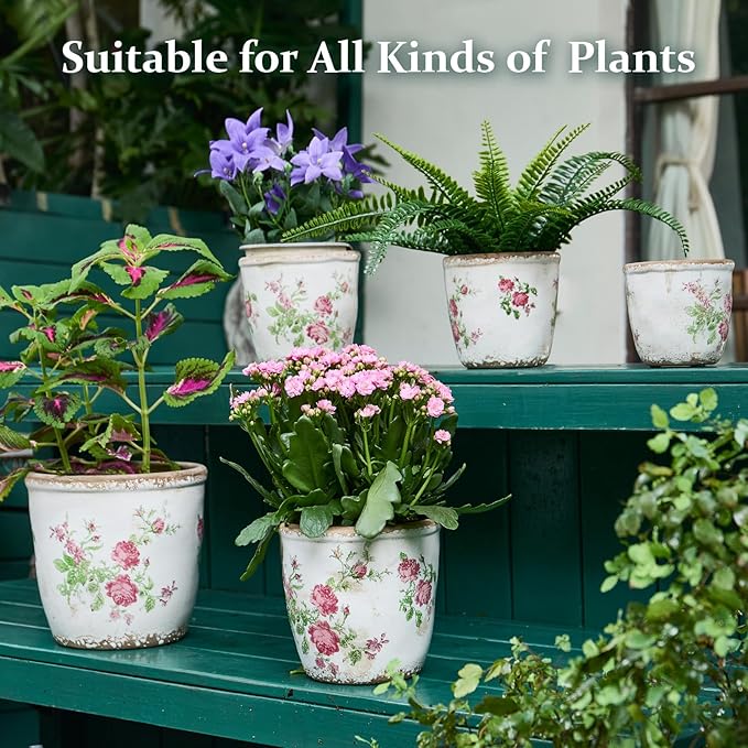 Vintage Ceramic Planter with Drainage Hole, Plastic Tray & Mesh, 5.5 Inch - Indoor/Outdoor Flower Pot, Pink Floral Rustic Farmhouse Design Plant pot for Home, Office & Garden Décor, Ideal Gift TEWEIQI