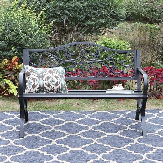 Sophia & William 50" Outdoor Garden Bench Patio Park Bench, Cast Iron Metal Frame Furniture with Floral Design Backrest for Porch Yard Lawn Deck, Black SophiaWilliam