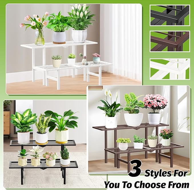 2 Tier Plant Stand Indoor Outdoor, Foldable Metal Separated Ladder Plant Stands, Plant Shelf Multiple Flower Pot Holder Display Shelving for Garden Living Room Patio,Brown JSYONII