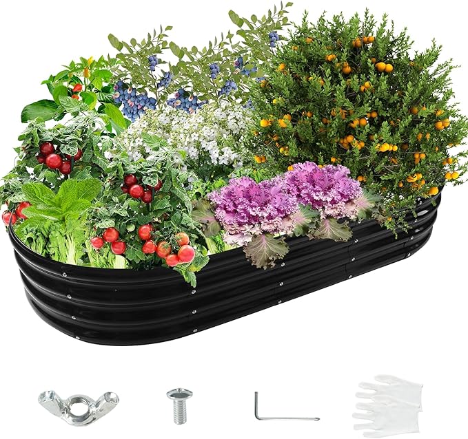 6X3X1 FT Oval Galvanized Metal Garden Raised Bed/Plant Box for Planting,36 Inches Diameter Iron Fire Pit Ring,Small Animal Fence-3 in 1 Modular Design in Black (Black, 72X36X11.5 Inches) YSEJOMP