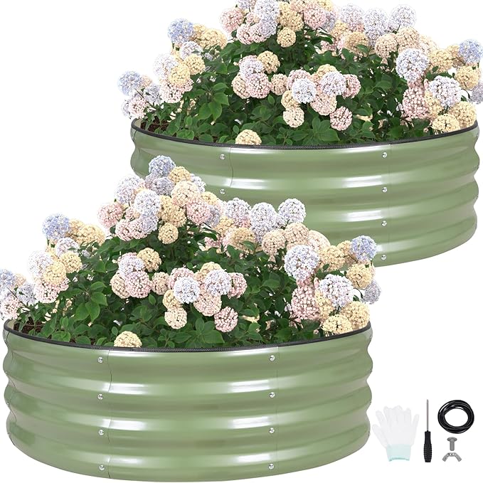 G GOOD GAIN Round Raised Garden Bed - 2Pcs 3x3x1ft Galvanized Steel Planter Boxes Outdoor with Rubber Edge Trim | Metal Raised Beds for Gardening Vegetables Flowers Fruits Herbs (Olive Green) GGOODGAIN