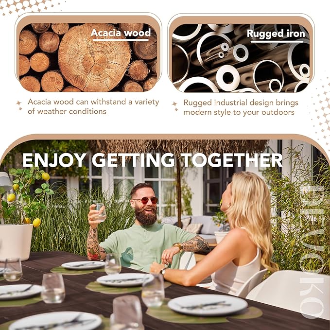 Devoko Home Acacia Wood Dining Table 6-Person Indoor Outdoor Table with Iron Legs, Sandblast Finish, Natural Stained, Rustic Metal, 69 * 33 * 30 inch (Espresso) DEVOKO