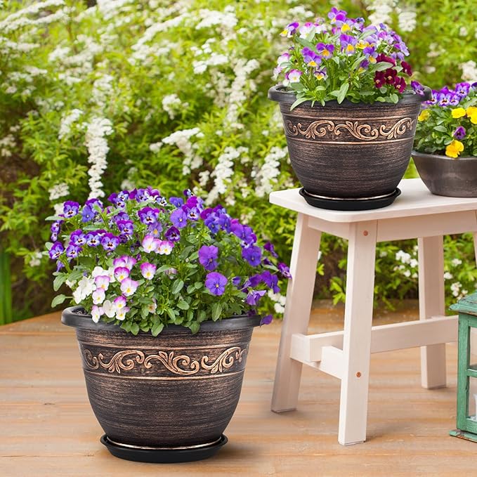 Plastic-Plant-Flower-Planters-16 Inch With Drainage Hole & Saucer, 3 Packs Lightweight Small Resin Flower Pot Indoor Outdoor, Retro Antique Imitation Decorative Garden Containers Sets For Houseplants Pottiffe