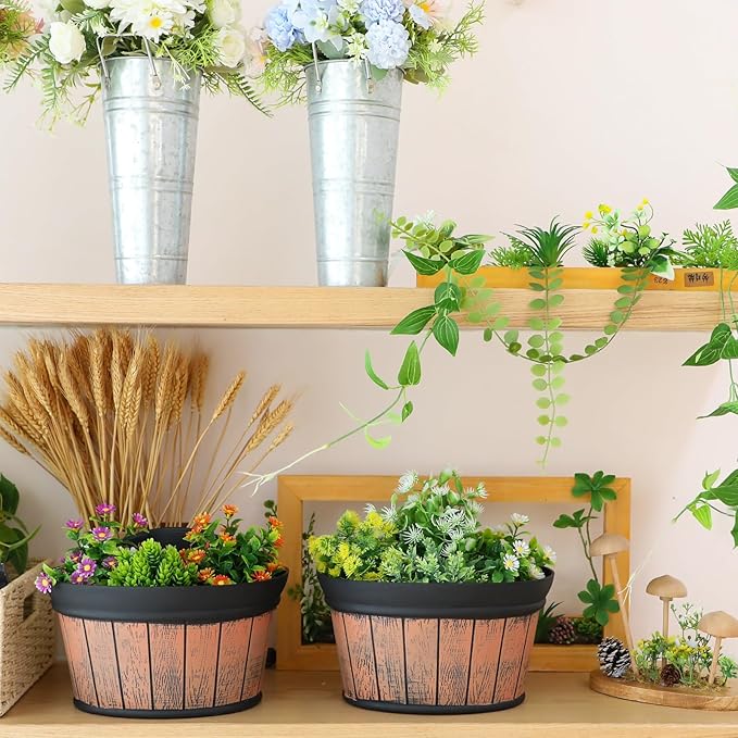 Layhit 6 Pcs Wall Hanging Planters Outdoor Pot Planter Wine Barrel Planter Distressed Oak Thickened Plastic Water Storage Flower Pots for Flower Indoor Outdoor(10 Inches,Brown) ShungLan